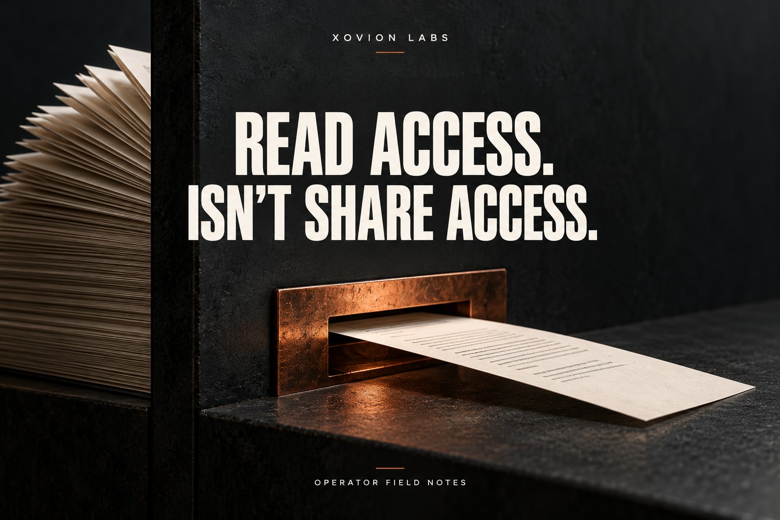 Editorial illustration: one selected ivory sheet passes through a copper aperture while the rest of the archive stays behind a dark partition.