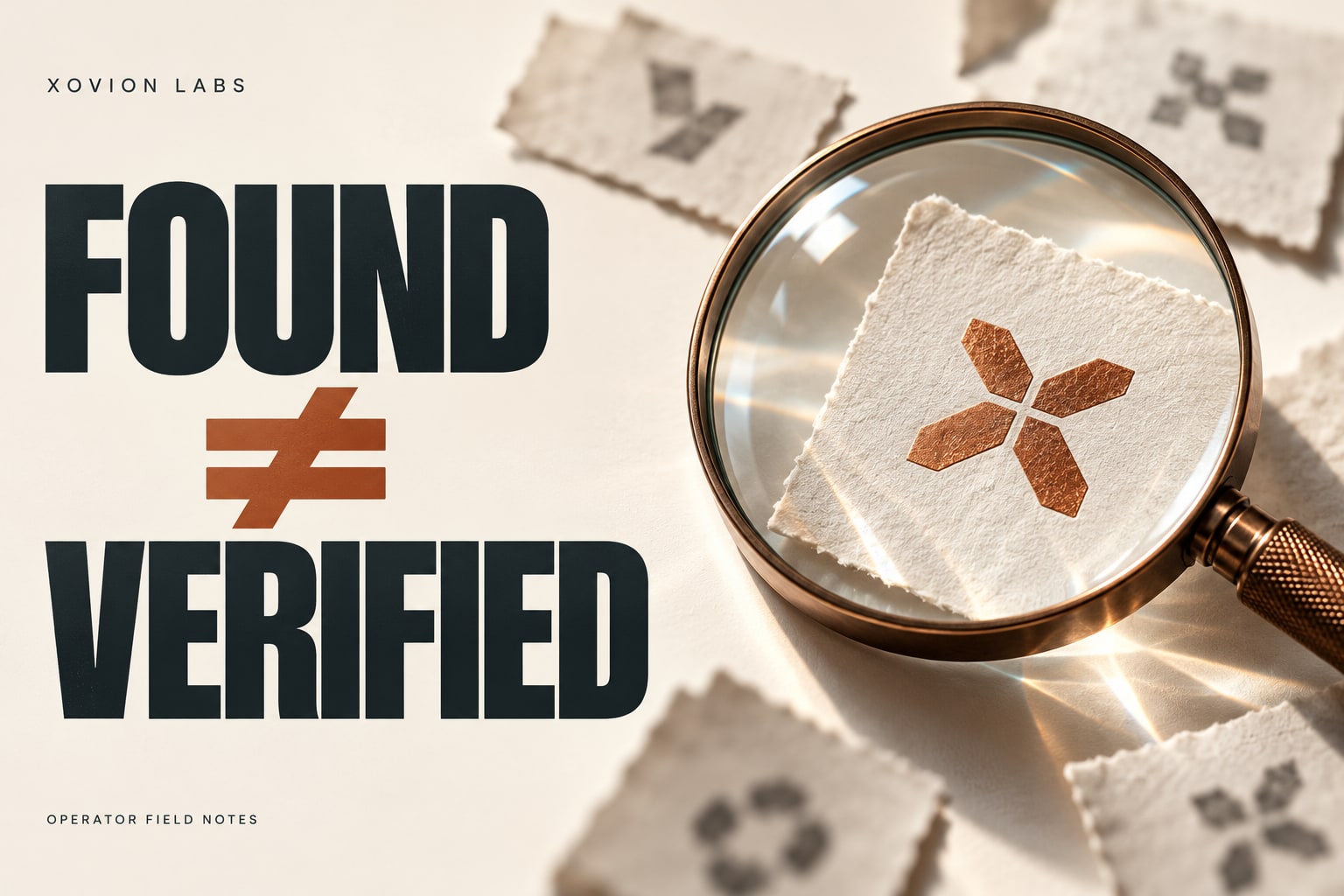 Editorial illustration: a copper magnifying glass examines a source marker beneath Found does not equal verified.