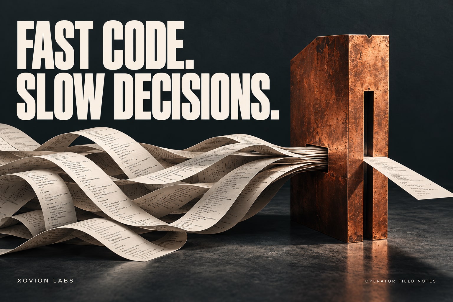 Editorial illustration: code ribbons enter a copper bottleneck beneath Fast code. Slow decisions.