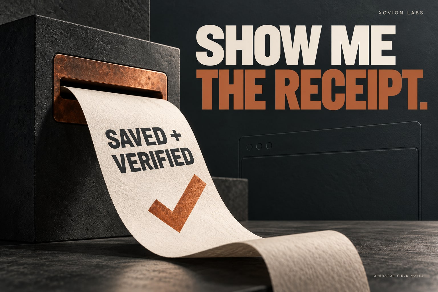 Editorial illustration: a curling receipt marked Saved and Verified beneath Show me the receipt.