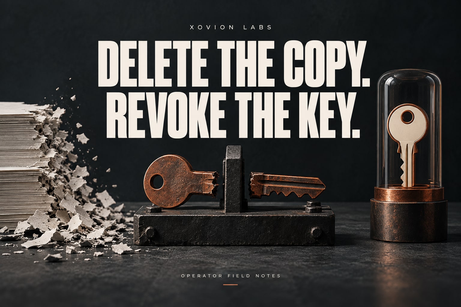 Editorial illustration: a broken copper key is separated by a disconnect while an approved replacement sits in a protected holder.