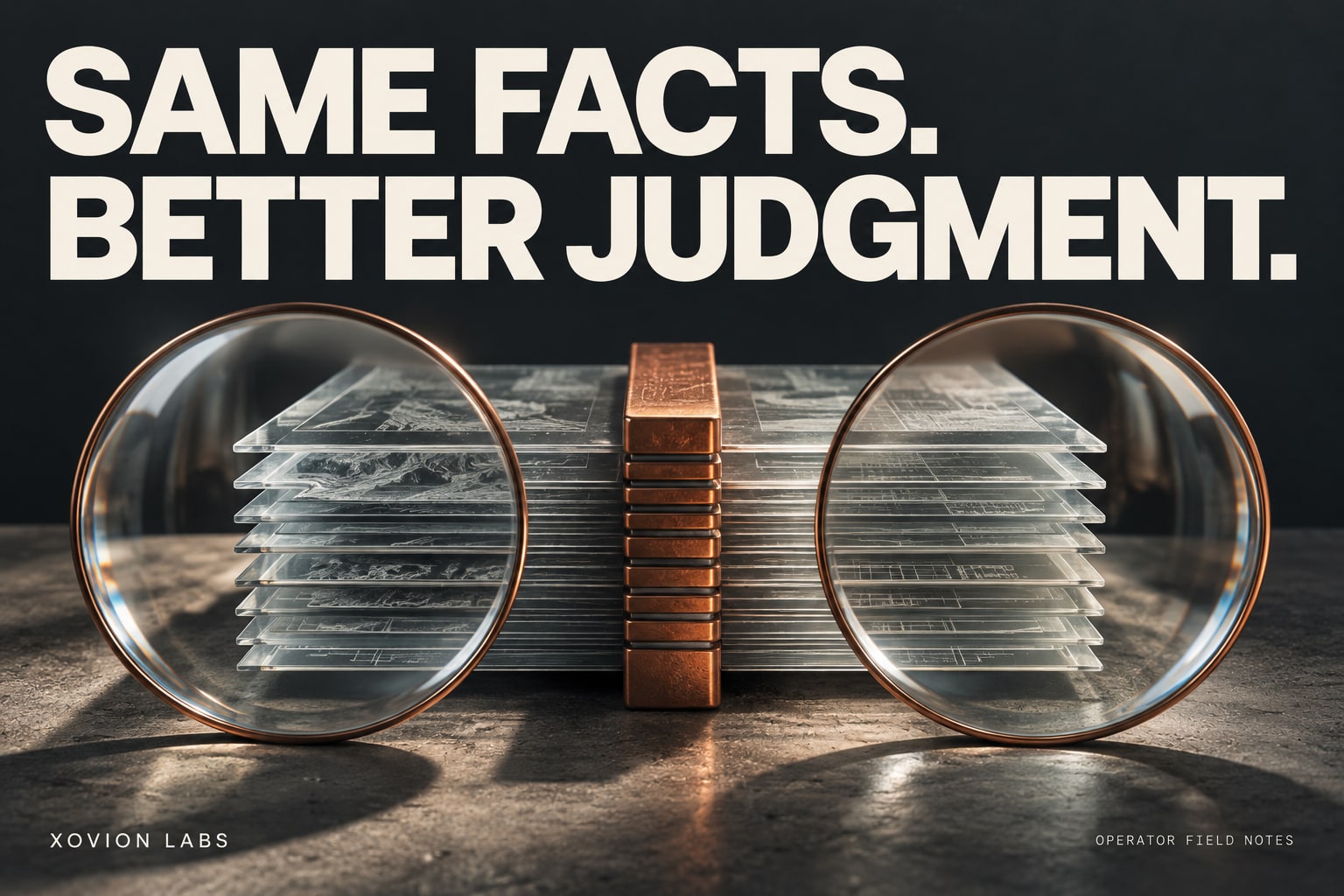 Editorial illustration: two copper lenses examine the same stack of evidence beneath Same facts. Better judgment.