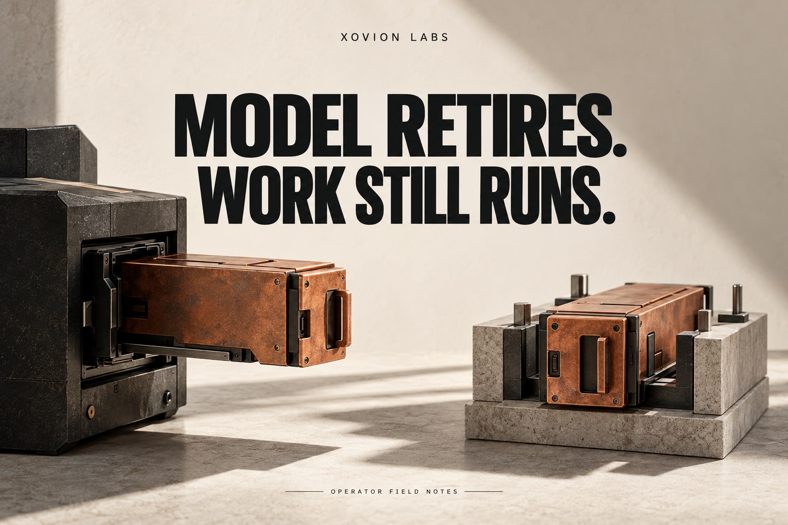 Editorial illustration: a removable copper model cartridge and a replacement in a separate test jig represent a rehearsed dependency change.