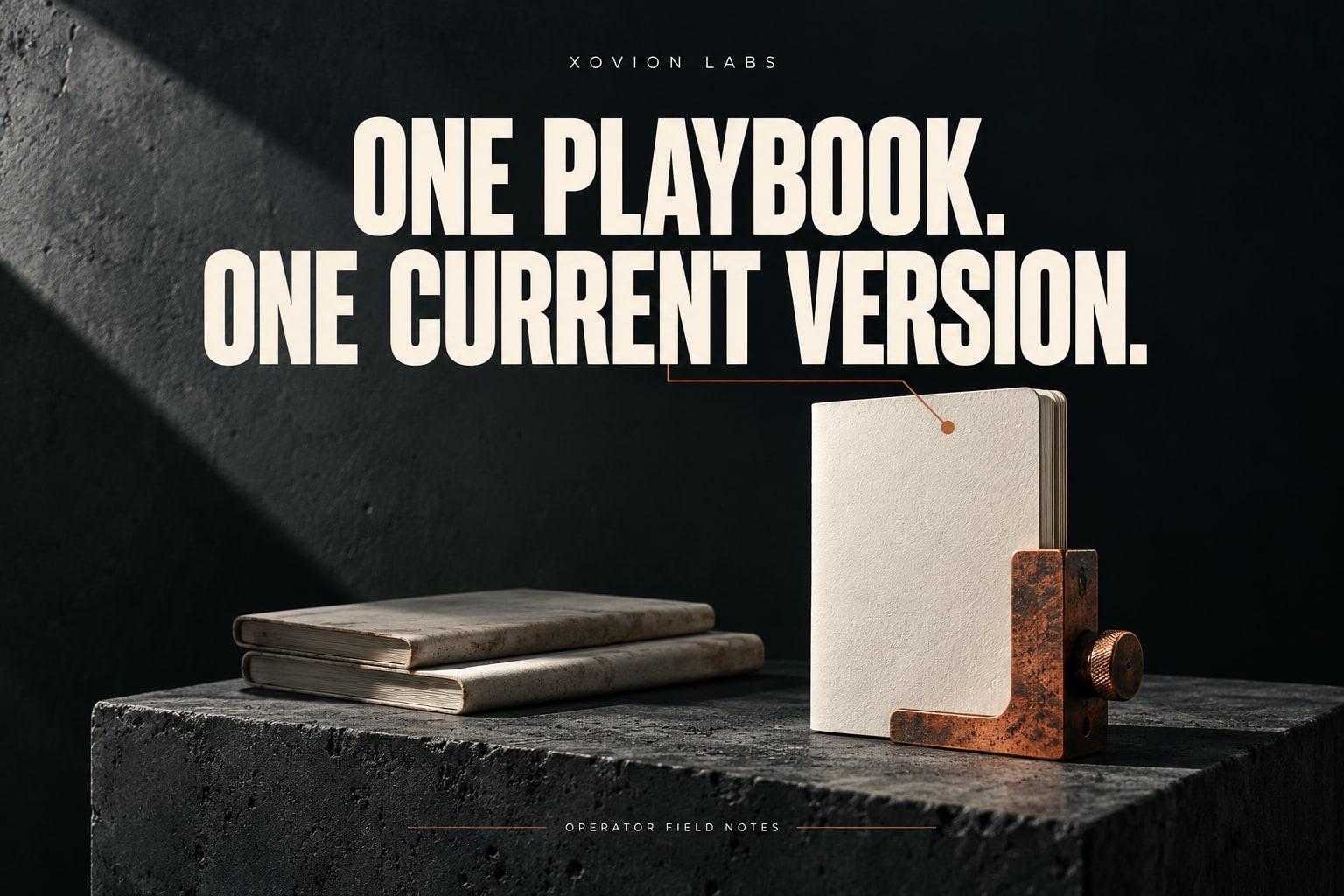 Editorial illustration: one current ivory playbook stands in a copper clamp while two older closed copies remain separate.