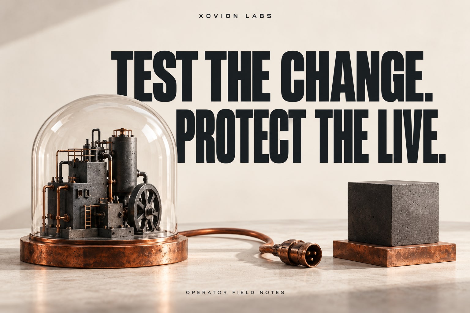 Editorial illustration: a miniature machine rests under a glass enclosure with its copper cable disconnected from the live object.