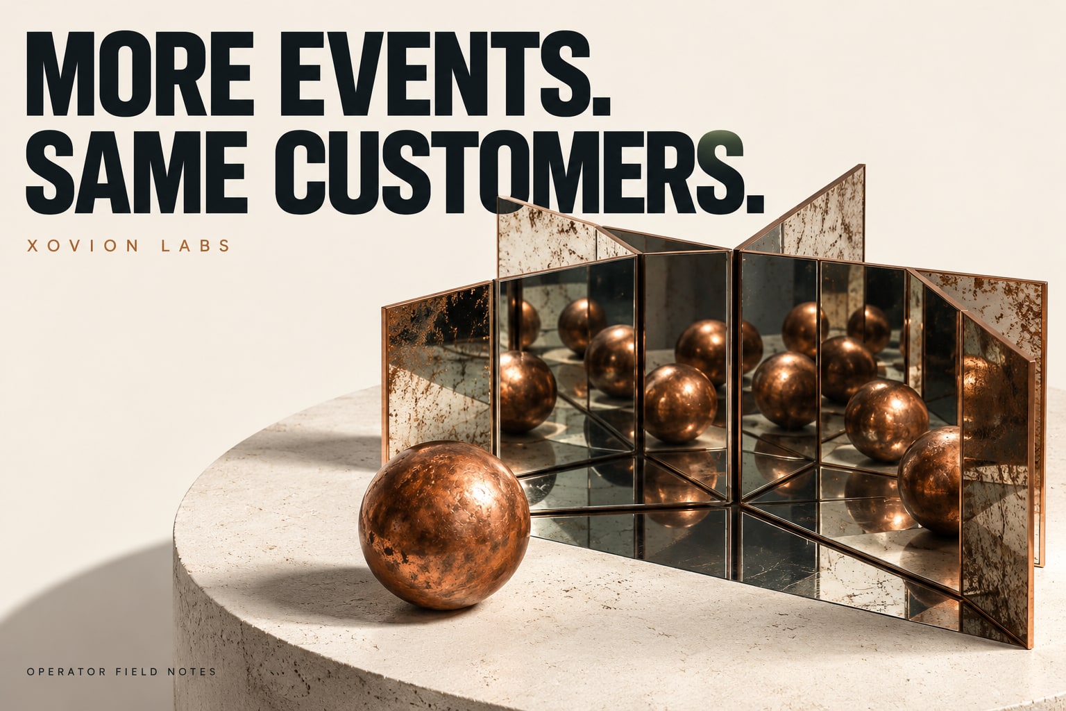 Editorial illustration: one copper sphere appears in several mirrors beneath More events. Same customers.
