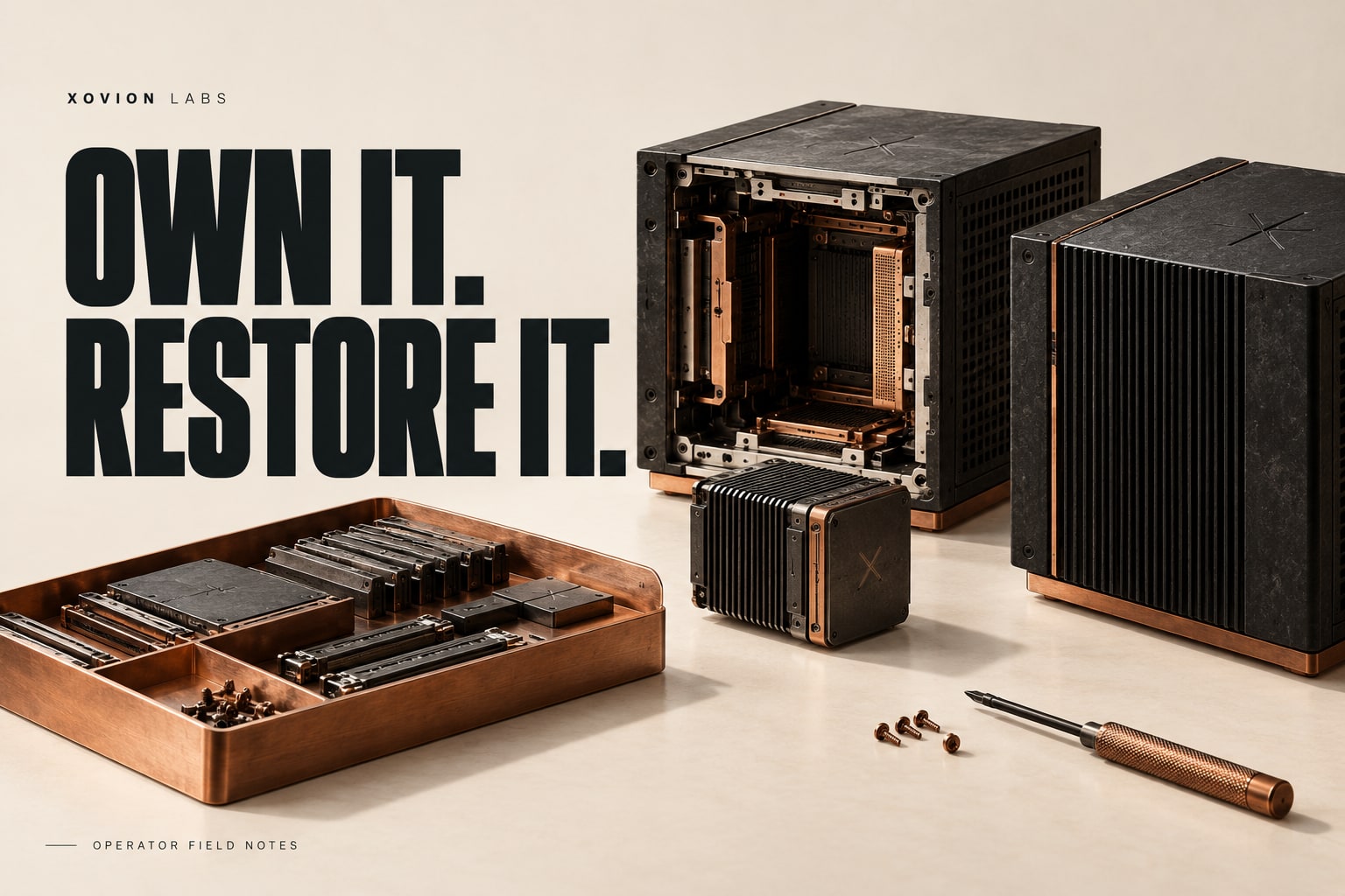 Editorial illustration: two dark server cubes, a removable core, and an organized copper archive tray accompany Own it. Restore it.