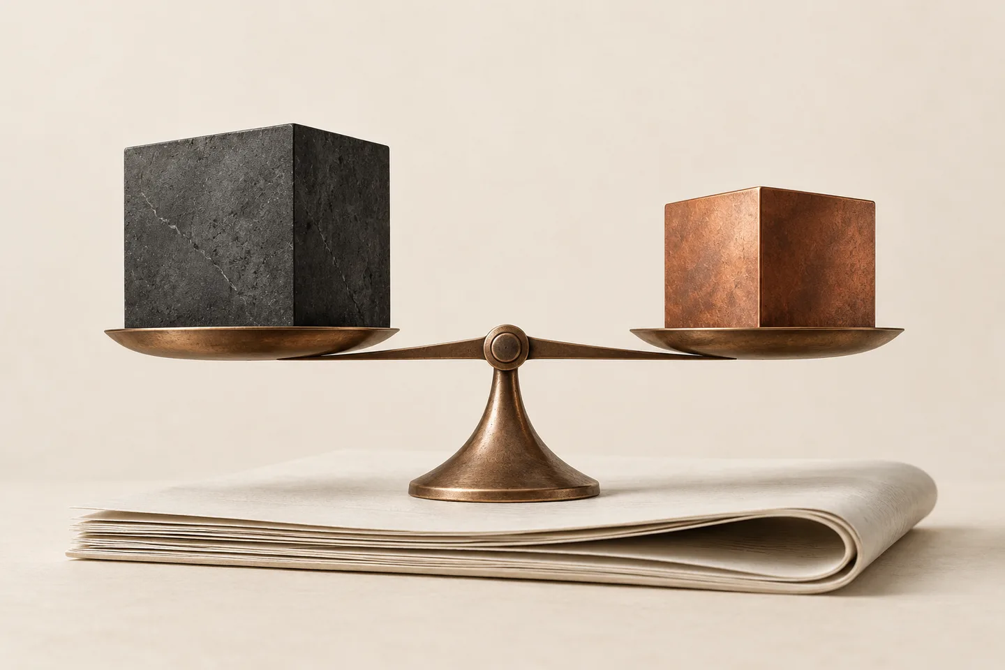 A copper and graphite balance weighs two model choices above an ivory work document.