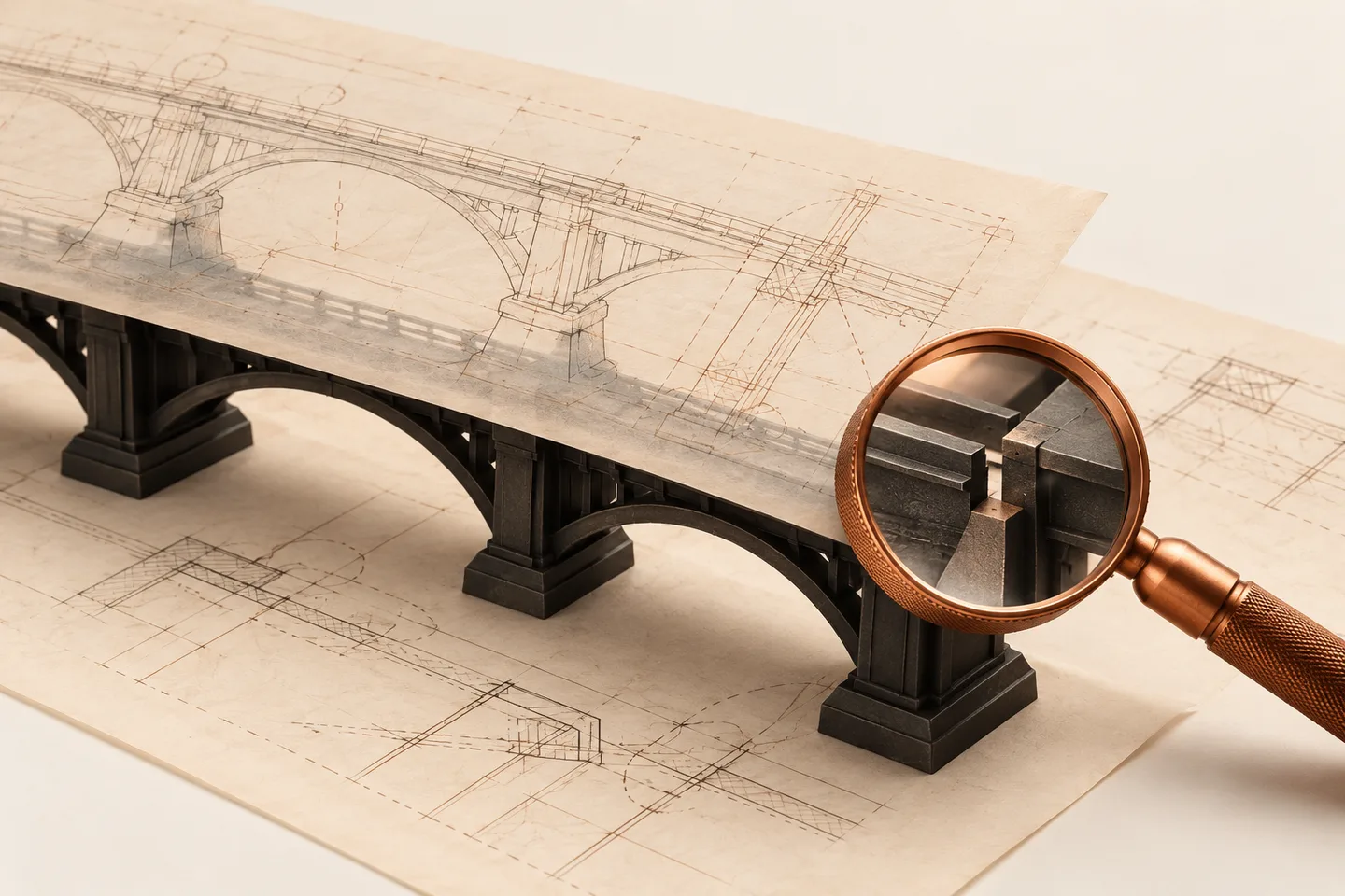 A copper inspection lens reveals a joint in a dark bridge beneath translucent plans.