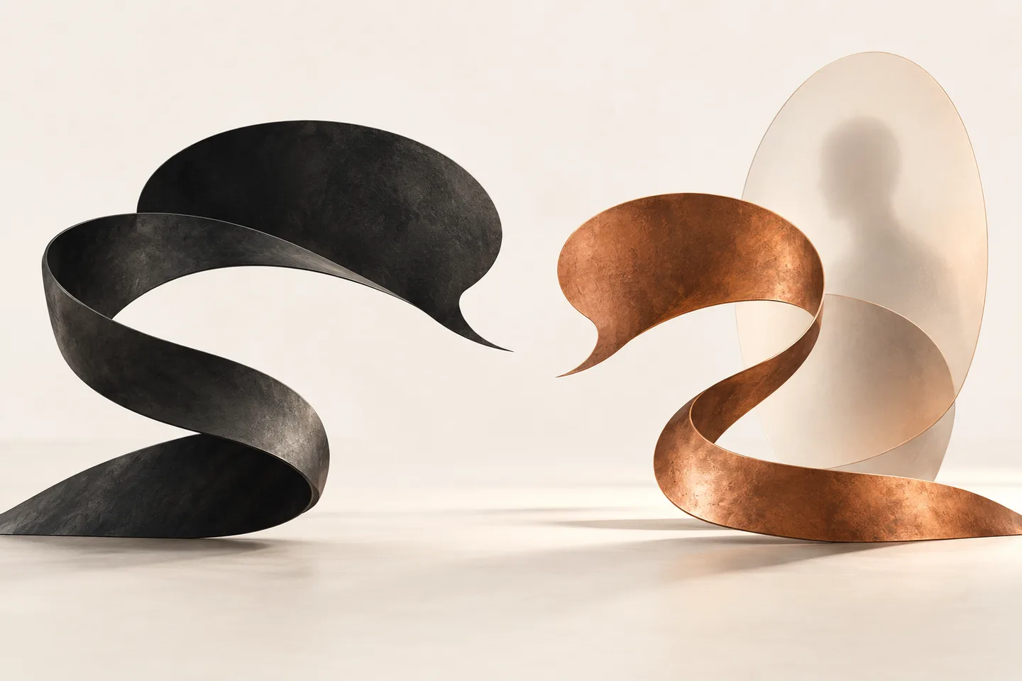 Ink and copper speech ribbons face each other beside a translucent oval suggesting visual presence.