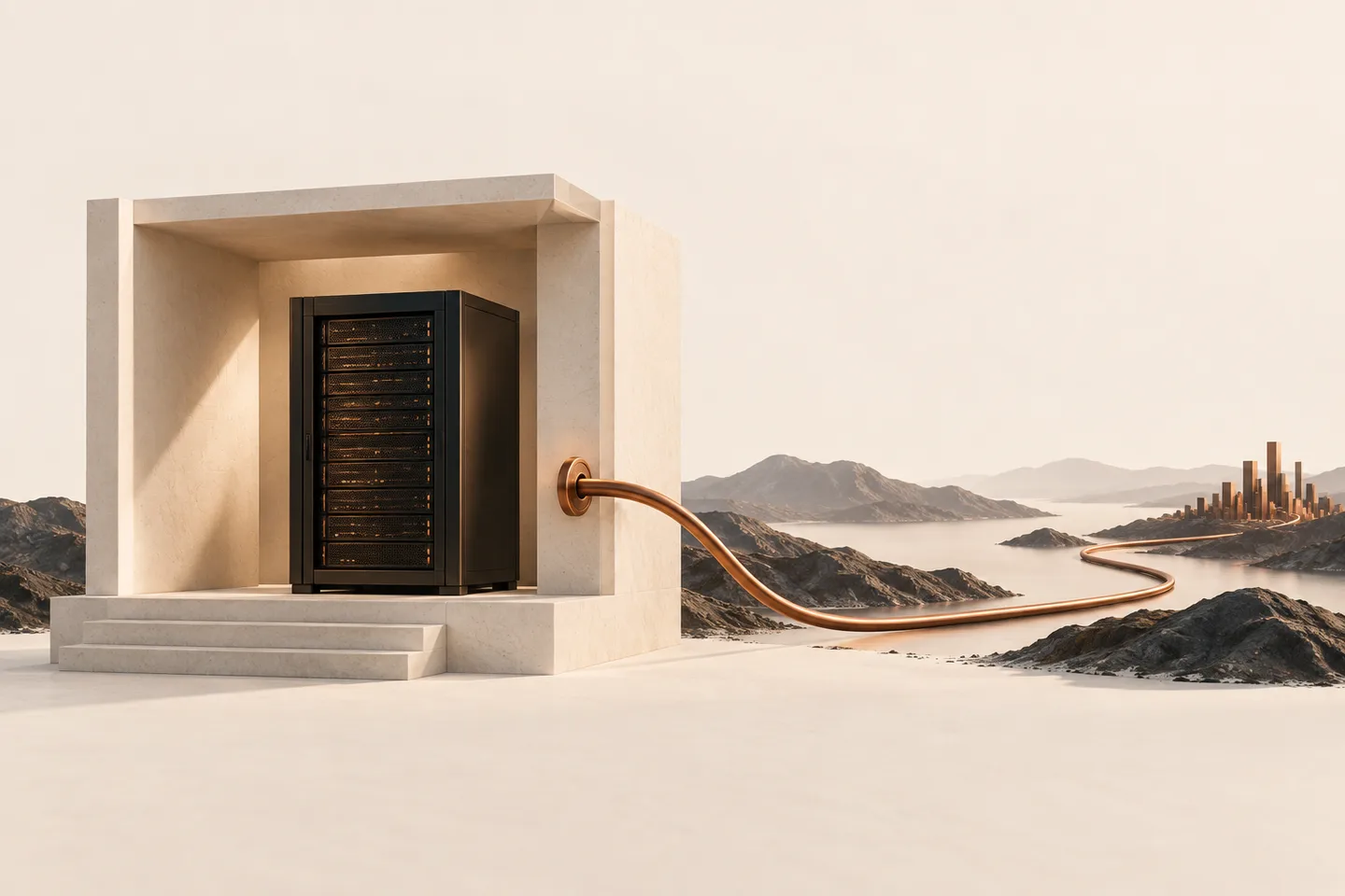A small dark server sits inside an open ivory enclosure with one copper connection leaving the boundary.
