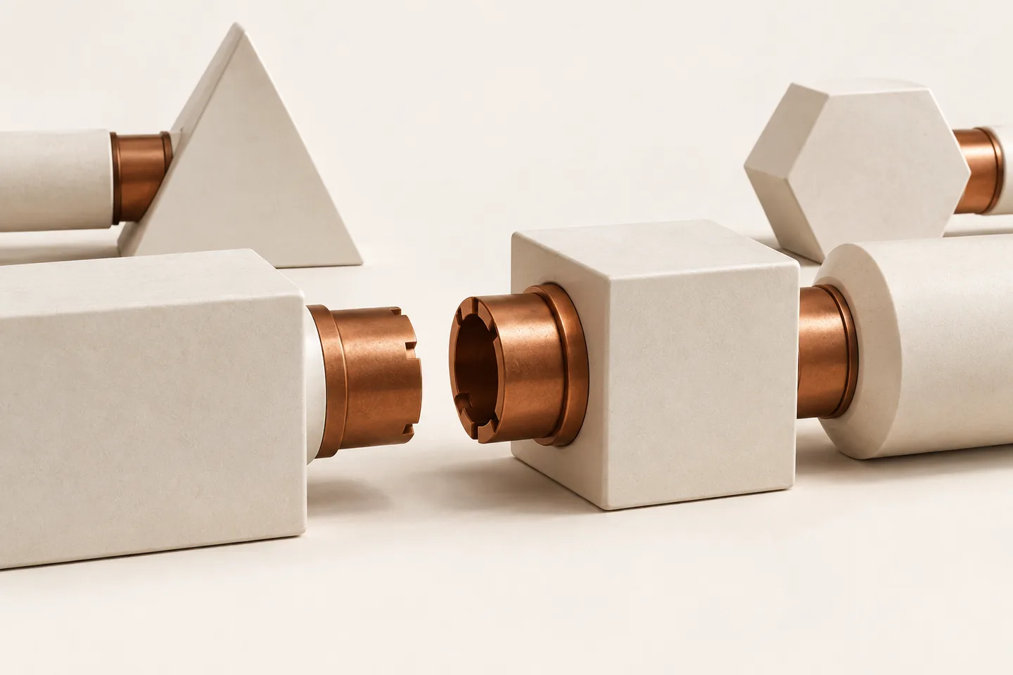 Ivory tool modules are joined by copper couplings, with one connection left visibly open.