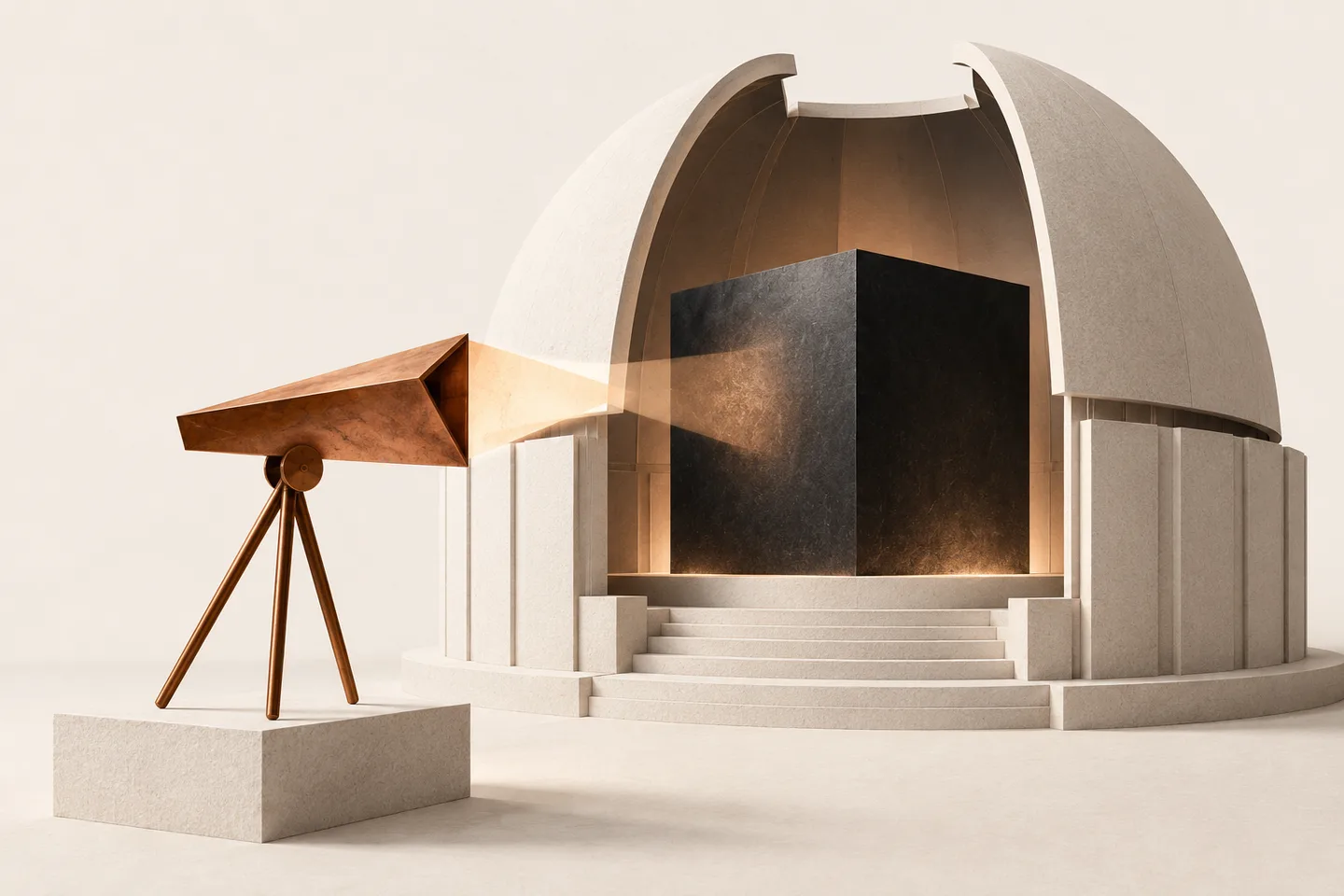 A copper viewing prism examines a dark cube through an open ivory observatory.