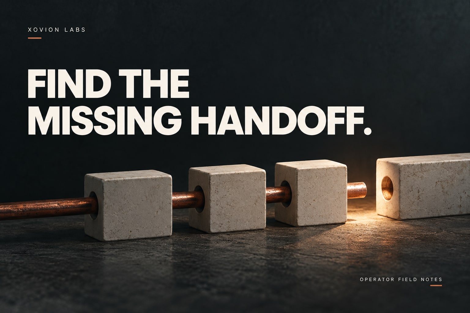 Editorial illustration: a copper cable passes through ivory blocks but stops at a visible gap before the final handoff.