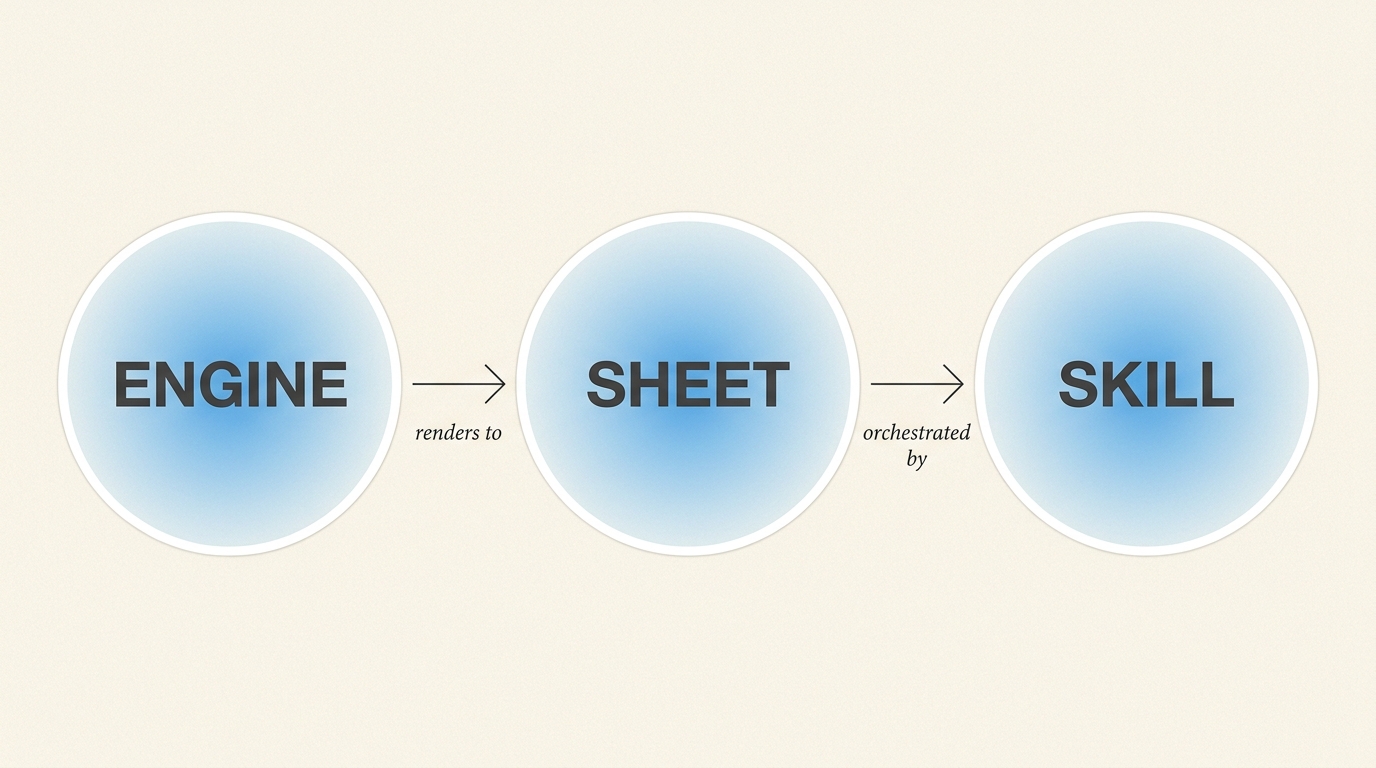 A clean three-node diagram: ENGINE renders to SHEET, orchestrated by SKILL
