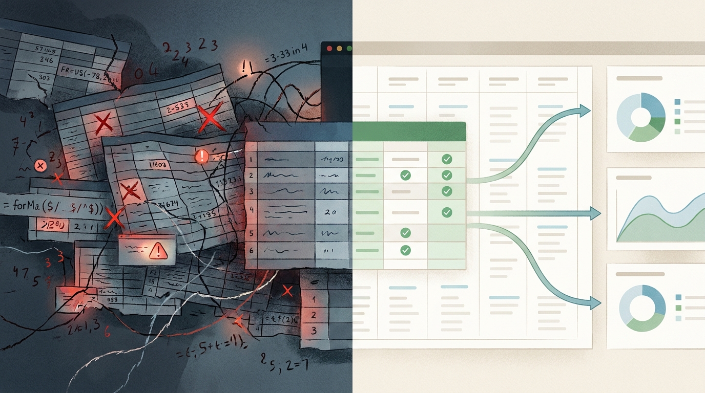 A split-screen showing the chaos of a typical Excel UW model on the left versus the clarity of a properly architected one on the right