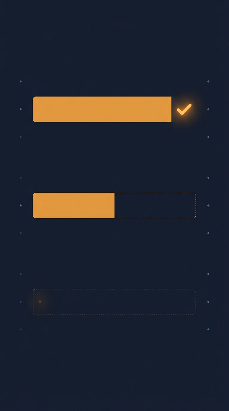 A simple status board with three rows. Row 1 a green check labeled MORNING SYNC. Row 2 a half-check half-empty box labeled CAUSE AND EFFECT LINK. Row 3 a dotted outline labeled UPSTREAM EVENTS, NEXT. Honest progress on the operator OS.