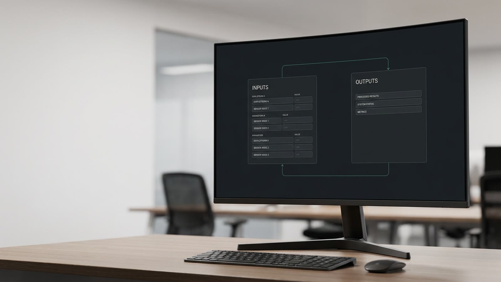 An operator dashboard showing INPUTS and OUTPUTS panels with a feedback loop between them