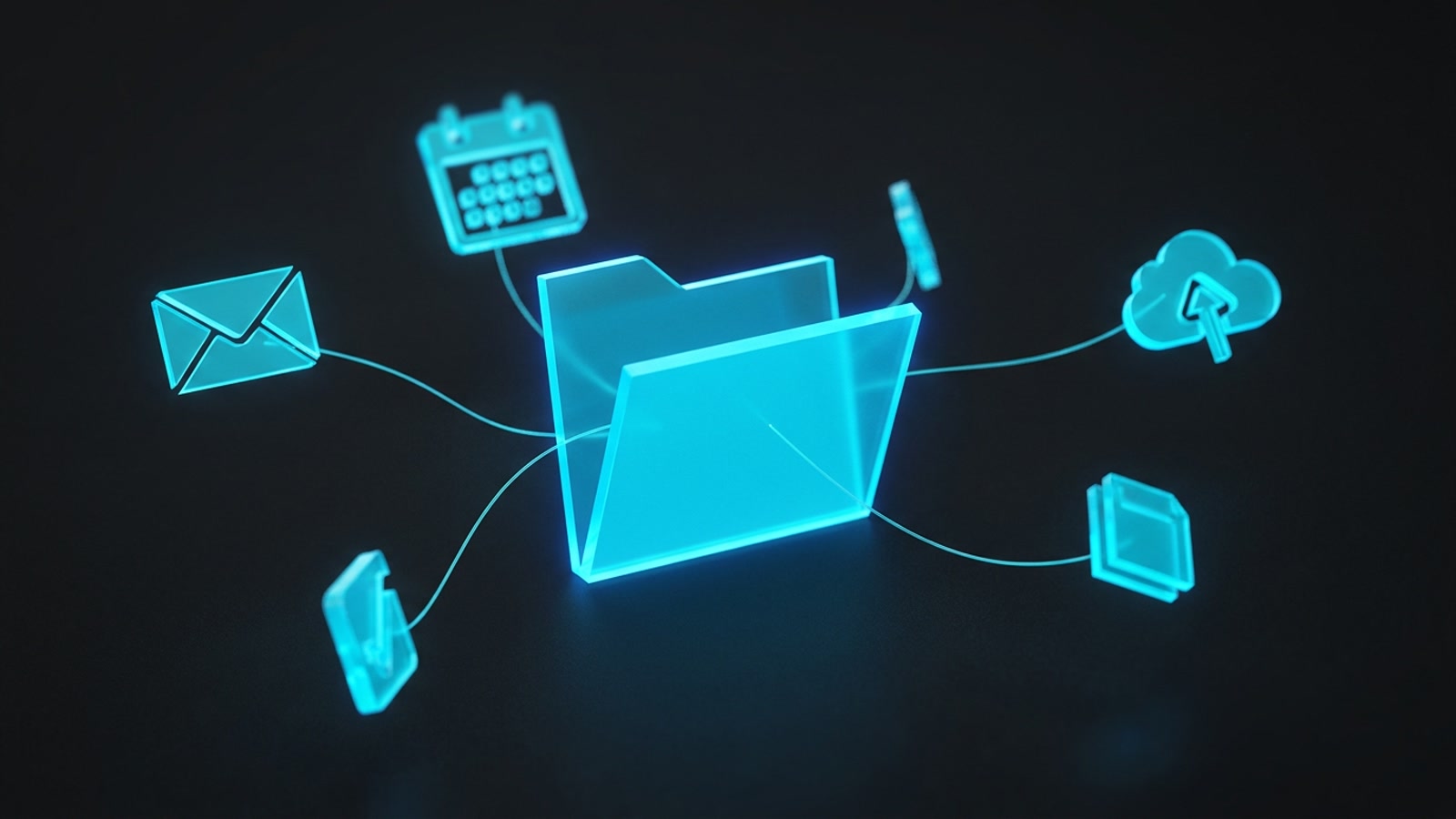 A glowing folder of instruction files feeding context into an AI workspace connected to everyday apps