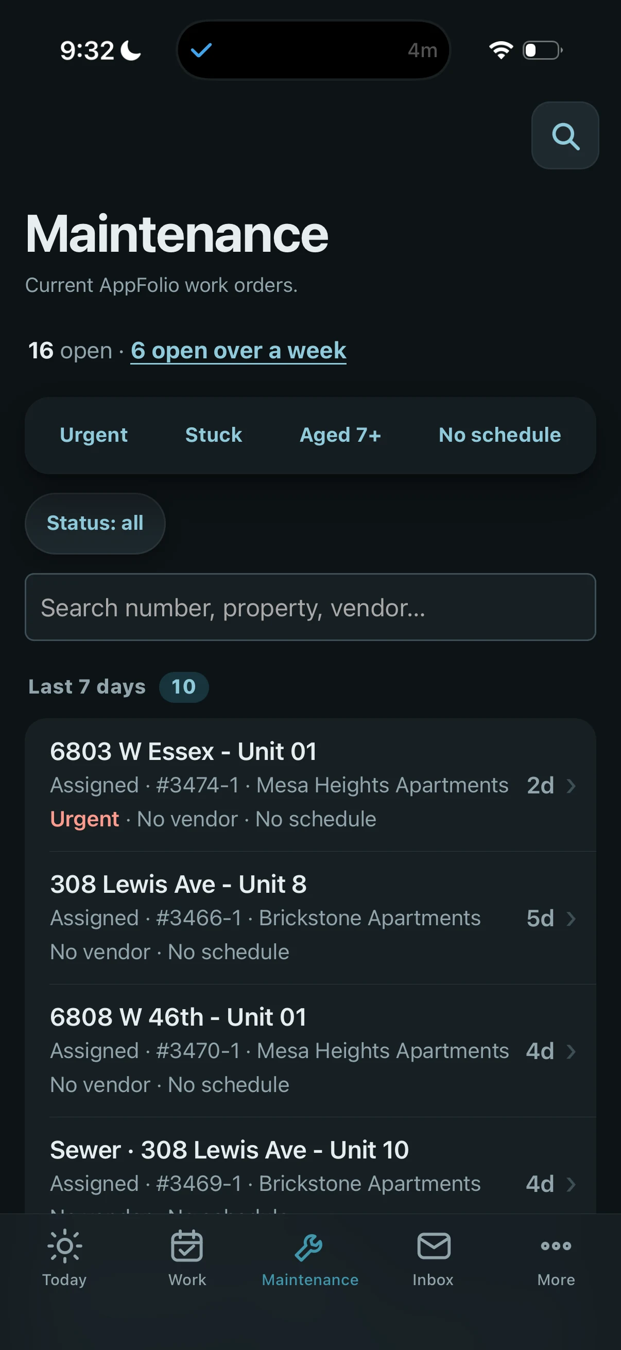 Captured Maintenance view of the app, with filters and work orders.