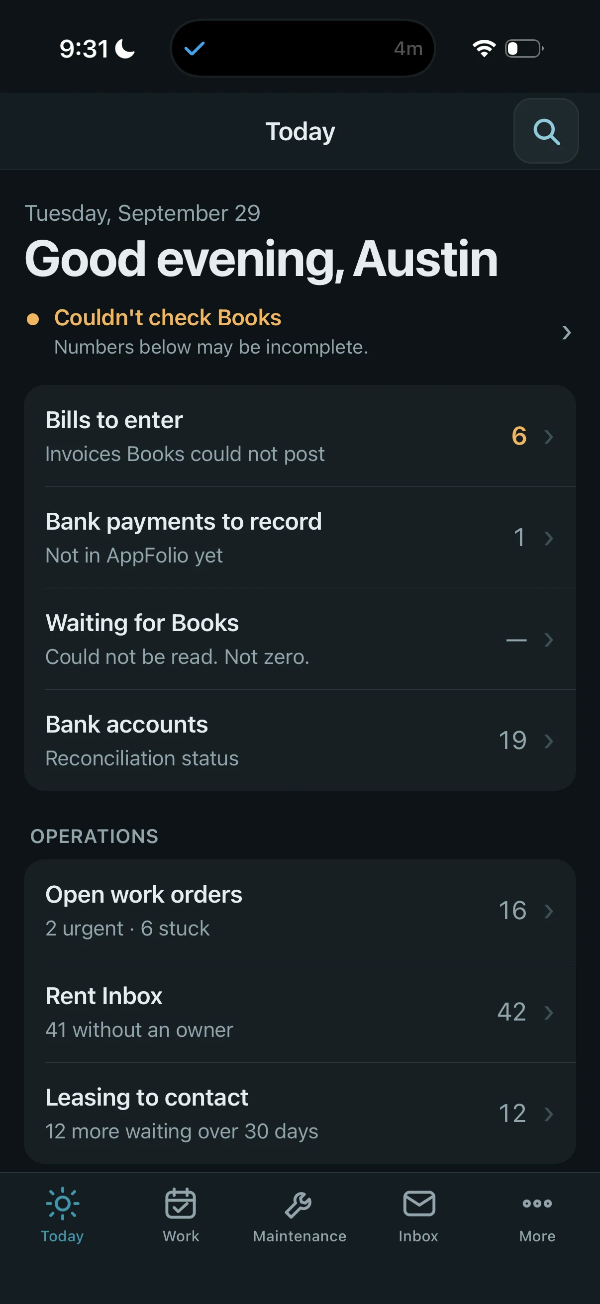 Captured Today view of the Property Operations app, with daily work queues and a source warning.